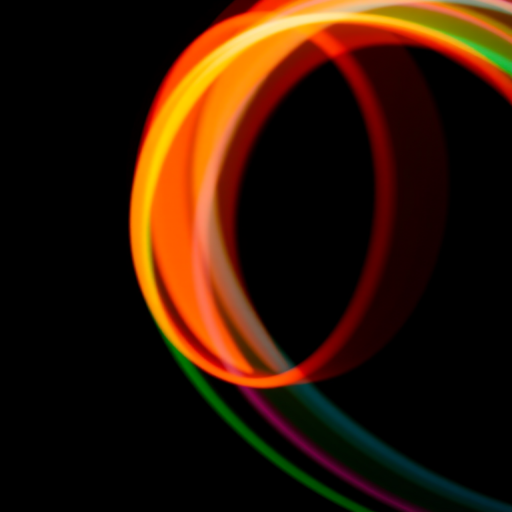 Generate an abstract image of colorful light trails blending into a smooth curve with a dark background, use a Canon EOS R5 camera, 50mm lens, f/1.8 aperture, ISO 100, shutter speed 1/100s, in low-light conditions to enhance image quality and contrast.