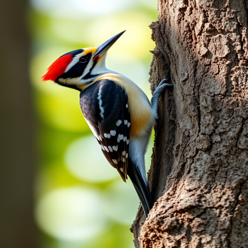 Regenerate an image of a woodpecker perched on a tree trunk, using a DSLR camera with a 200mm lens, aperture set to f/5.6, ISO 400, at a shutter speed of 1/1000s, shot in natural light, focusing on sharp details and vibrant colors, with a blurred background for depth.