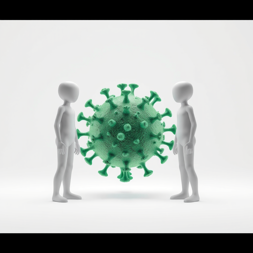 Create an illustration of two abstract figures standing 2 meters apart on either side of a large green virus model, with a focus on the virus's details, using a Canon EOS R5 camera, 50mm lens, f/8 aperture, 1/200 sec shutter speed, ISO 100, in a well-lit studio setting with a white background for enhanced clarity and contrast.