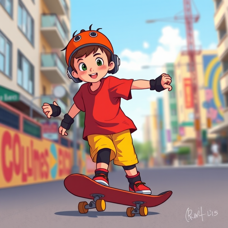 Create an illustration of a young boy skateboarding, wearing a red t-shirt, yellow shorts, and protective gear, captured with a Canon EOS R5, 24mm lens, f/2.8 aperture, 1/250s exposure, in a vibrant urban setting, focused on the skateboarder with a shallow depth of field.