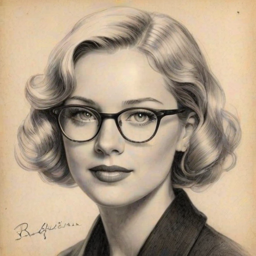 Lovely Melissa Peterman, pencil sketch, portrait of Beauteous woman 1924s in glasses, hair style beatnik, outline, clear lines, fine lines, 8k