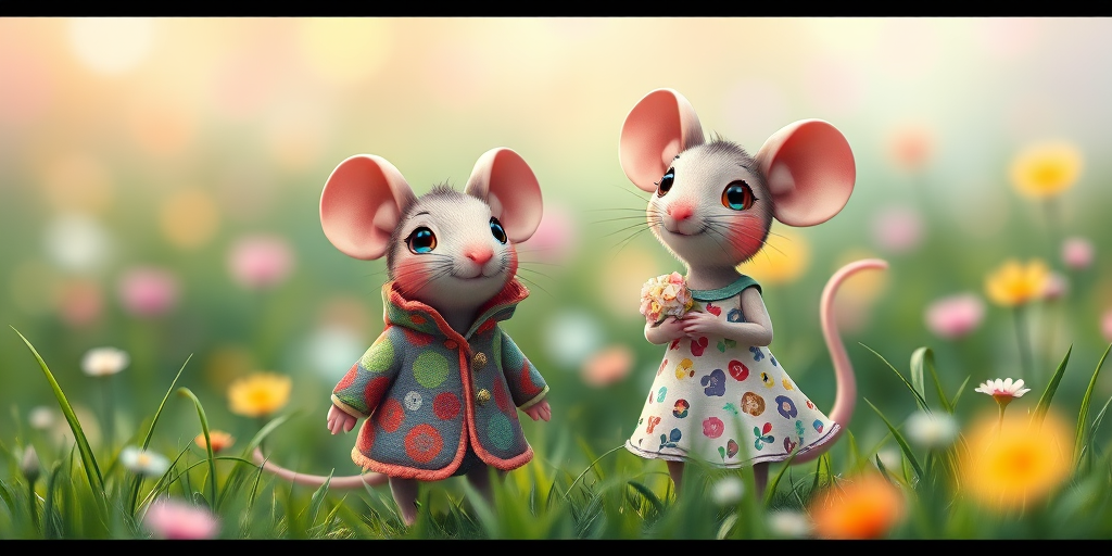 Create a whimsical illustration of two cartoon mice, one wearing a colorful patterned coat and the other in a floral dress, standing in a vibrant, colorful landscape filled with green grass and abstract pastel colors, with soft bokeh effects in the background; use a DSLR camera with a 50mm lens at f/2.8, ISO 100, and a soft focus style to enhance image quality.