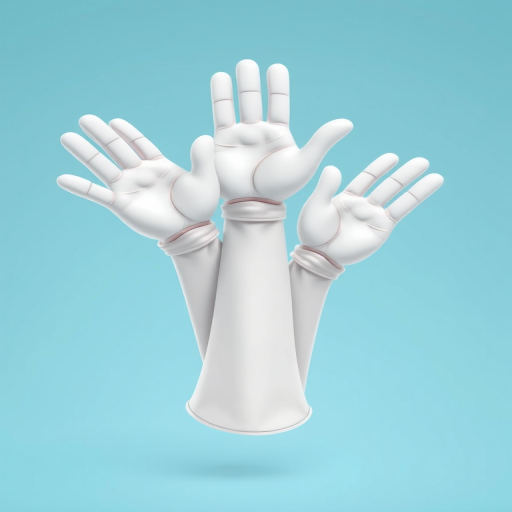 Create an illustration of three cartoonish white gloves making gestures in a playful arrangement, using a DSLR camera, 50mm lens, f/2.8 aperture, ISO 100, soft lighting to enhance details and colors.