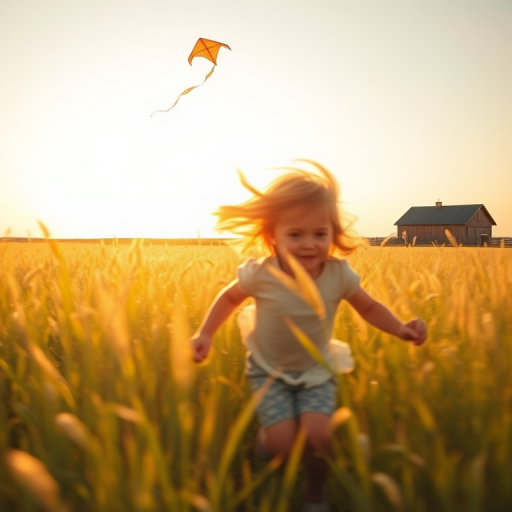 Blurry, candid photo of a child running through a field of tall grass, the wind blowing in their hair, sun setting behind them, golden light filtering through the grass, a kite soaring high in the sky above, a distant barn visible on the horizon.