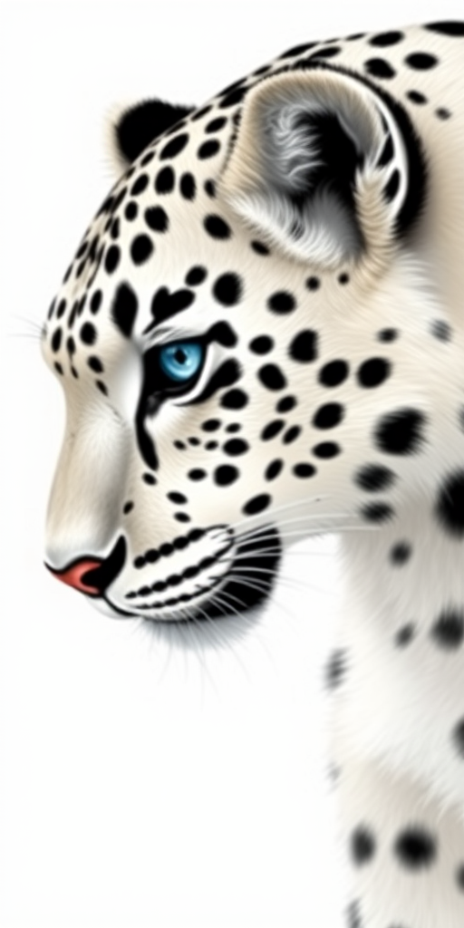 Generate a high-resolution illustration of a snow leopard with intricate black spots on a white background, focus on a side view with a clear blue eye, using a 50mm lens, f/4 aperture, ISO 100, shooting in natural light for enhanced detail and texture.