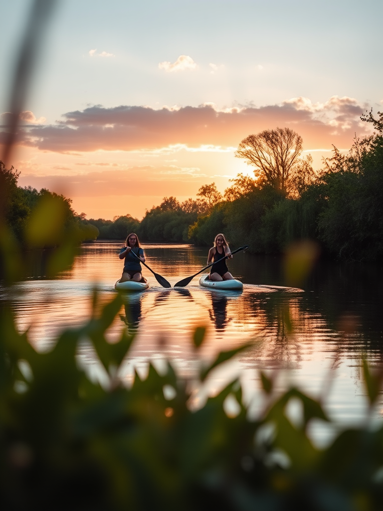 regenerate an image of two people paddleboarding on a tranquil river during sunset, with a vibrant foreground featuring green foliage, shallow depth of field, 50mm lens, f/2.8 aperture, ISO 200, and soft golden lighting, emphasize the serenity of the scene with reflections in the water