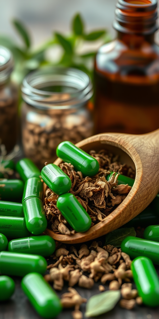 Close-up shot of green herbal capsules, a wooden scoop with dried herbs, glass jars with loose herbs, and a brown glass bottle in a soft-focus background, natural light, aperture f/2.8, shutter speed 1/125s, ISO 200, taken with a DSLR camera.