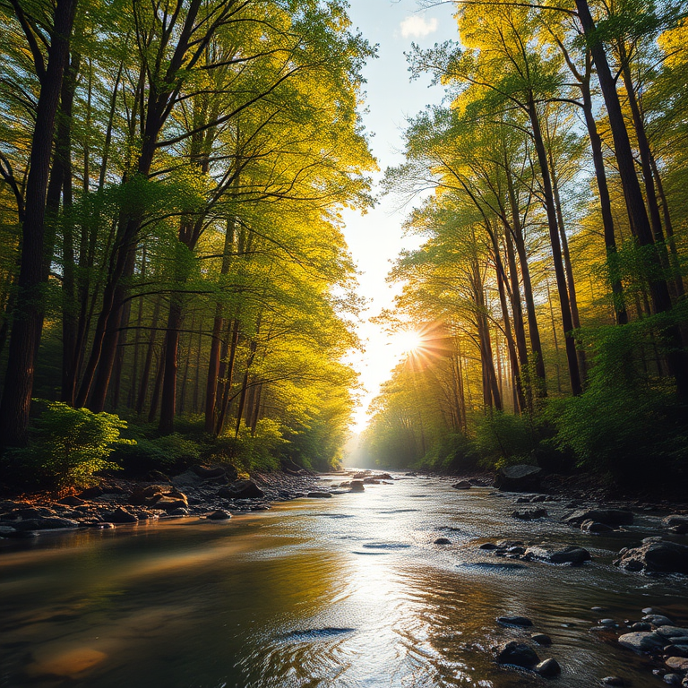 Create an image of a serene, sunlit forest scene with a clear, gently flowing river. Tall trees with lush green foliage line both sides of the river, their leaves bathed in the warm golden light of the setting or rising sun. The sunlight filters through the trees, casting soft, dappled light on the river, which flows over smooth rocks and pebbles, creating a peaceful, natural atmosphere. The sky is bright with a few scattered clouds, and the overall mood is tranquil, evoking a deep sense of connection with nature. The image captures the beauty of a calm, pristine forest landscape at either dawn or dusk.