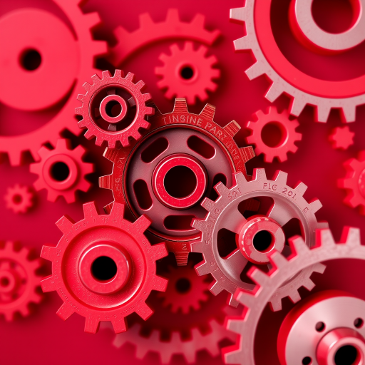 Create a high-resolution digital illustration of various gears in shades of red on a maroon background, using a DSLR camera with a 50mm lens at f/2.8, ISO 100, aperture priority mode, and a shallow depth of field for a vibrant and focused look.