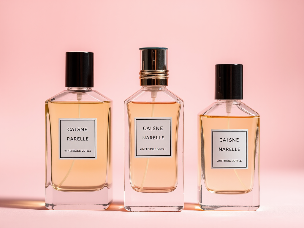 Create a high-resolution image of three elegantly designed perfume bottles in varying sizes, with a soft pastel pink background, using a Canon EOS R5, 85mm lens, f/1.8 aperture, ISO 100, and a softbox for lighting to enhance the elegance and clarity of the bottles.