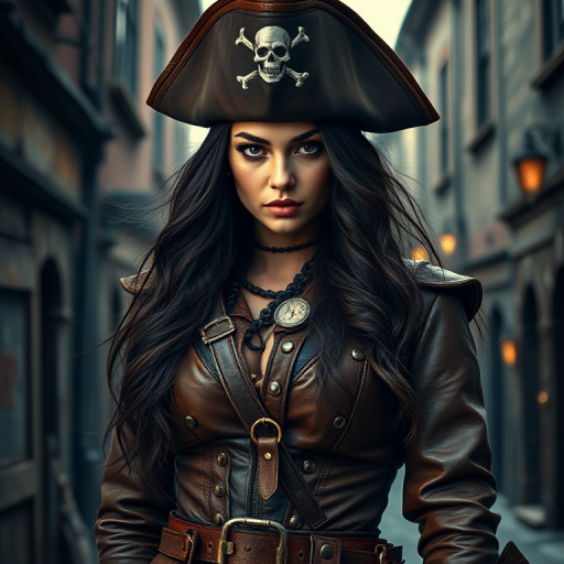 Create a portrait of a fierce female pirate. She wears a leather tricorn hat adorned with a skull and crossbones emblem, and her long, dark hair flows around her face. Her outfit consists of a richly detailed leather jacket, a corset, and multiple layers of belts and accessories, giving her a formidable and stylish appearance. She stands confidently in a dimly lit, historic port town, with a backdrop of weathered buildings and cobblestone streets, capturing the adventurous spirit of a pirate.