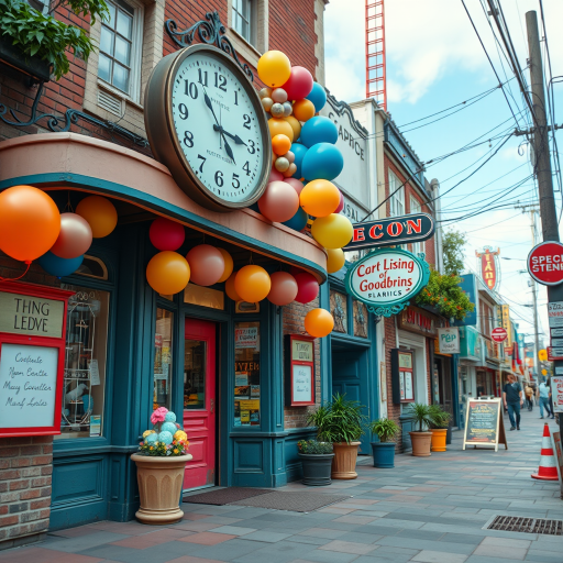 Create a vibrant pixel art scene of a whimsical shopfront with a large clock, colorful balloons, and retro signage, captured with a Canon EOS R5, 35mm lens, f/8 aperture, ISO 100, photographing at eye level for depth and clarity.