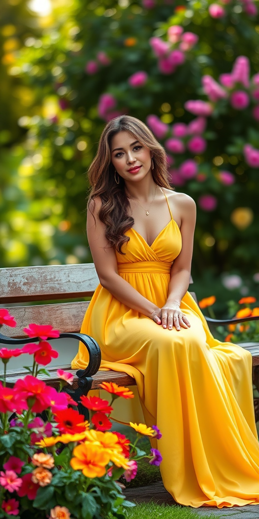 Create an image of a woman in a flowing yellow dress sitting on a bench surrounded by vibrant flowers, using a 50mm lens at f/1.8, soft focus background, natural light, shot with a full-frame DSLR for high detail and rich colors.