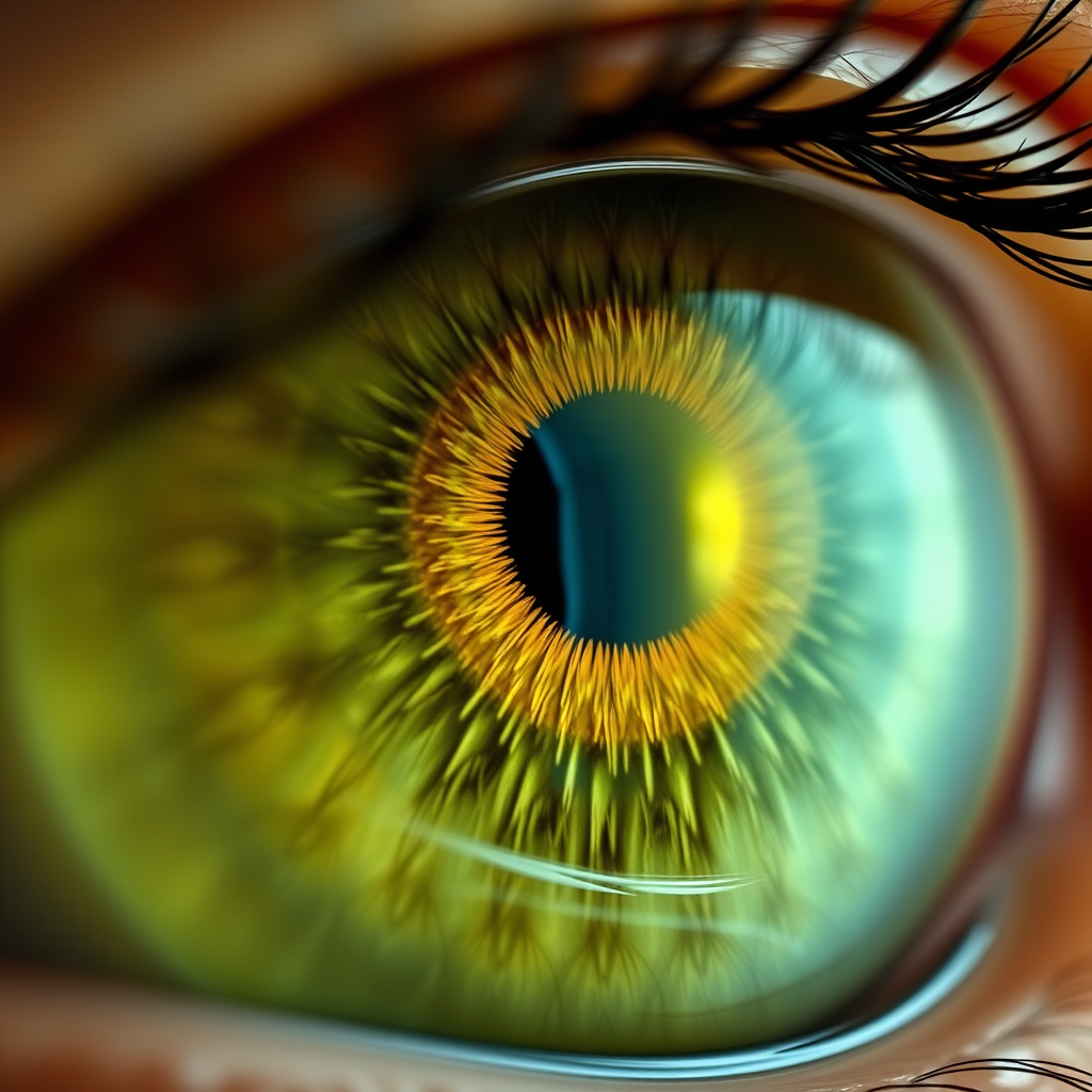 generate a highly detailed realistic close-up of a green eye with dynamic reflections and textured iris, using a DSLR camera with a 50mm lens at f/1.8, ISO 100, and a shallow depth of field for enhanced clarity and focus.