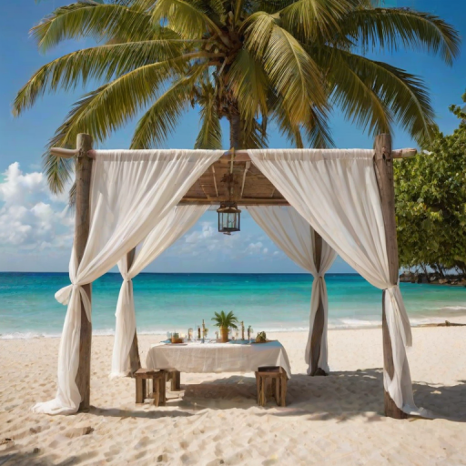 Create a picturesque tropical beach scene featuring a serene, white sandy shore. In the foreground, there's a rustic wooden canopy with white drapes gently flowing in the breeze. Underneath the canopy, a table is set with tropical decor, evoking a sense of relaxation and leisure. The beach extends into a calm, shallow water area with reflections of the sky and surroundings. Palm trees and lush greenery line the edge of the beach, providing a natural, tropical backdrop. The sky is clear with a few scattered clouds, and the overall atmosphere is tranquil and inviting, perfect for a peaceful retreat.