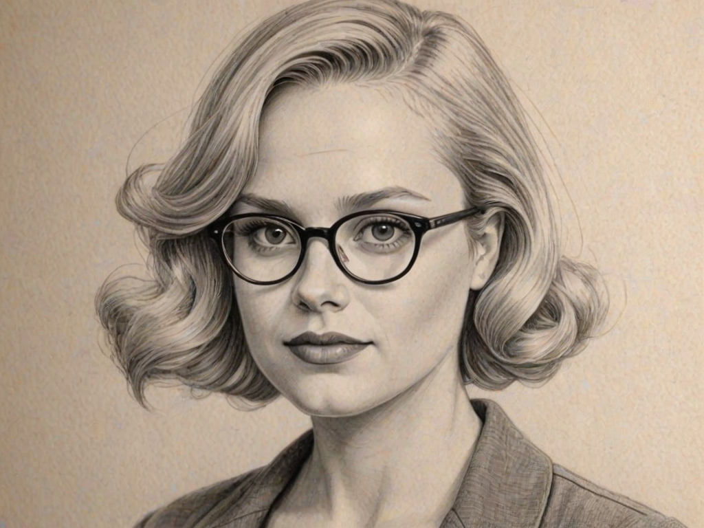 Dazzling Lauren Potter, pencil sketch, portrait of Stunning woman 1945s in glasses, hair style beatnik, outline, clear lines, fine lines, 8k
