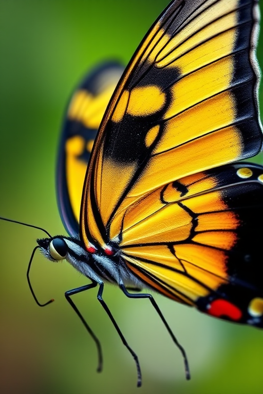 Generate a colorful and detailed illustration of a butterfly with vibrant black and yellow wings, captured with a DSLR camera at f/2.8, ISO 100, 50mm lens, macro view, soft focus background to enhance the butterfly's features and colors.