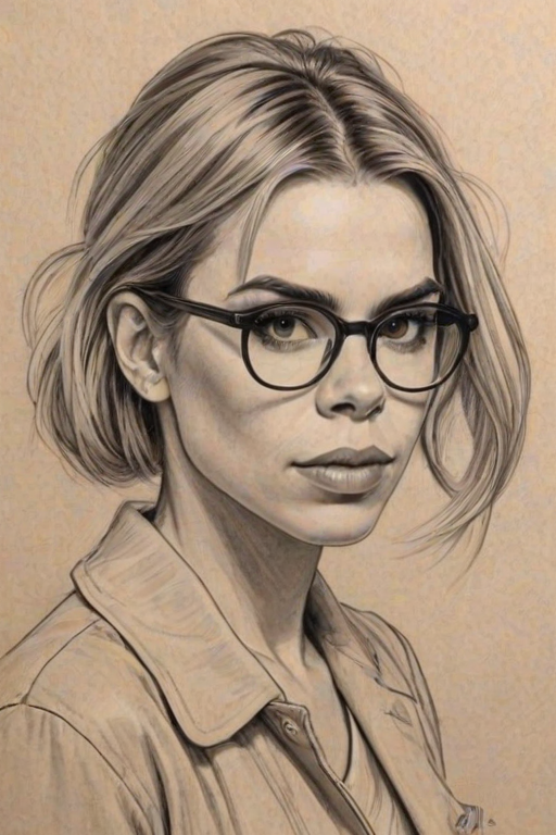 Pleasing Billie Piper, pencil sketch, portrait of Sublime woman 1926s in glasses, hair style beatnik, outline, clear lines, fine lines, 8k