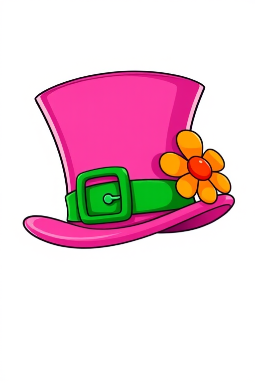 Create a vibrant cartoon-style image of a pink top hat with a green buckle and an orange flower on the side, using a DSLR camera, f/2.8 aperture, ISO 100, shot from a 45-degree angle, with a shallow depth of field to enhance the colors and details.