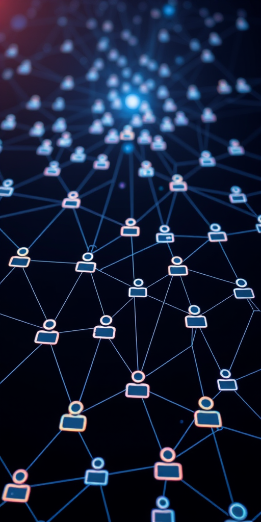 Create a digital illustration of a network of interconnected users represented by icons on a dark background with glowing connections, using a Canon EOS 5D Mark IV, 24mm lens, f/2.8 aperture, ISO 100, 1/60 sec shutter speed, and a wide-angle view to enhance depth and detail.