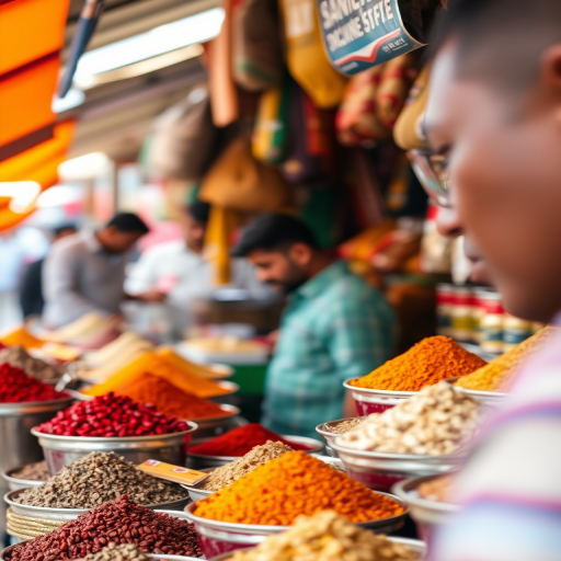 Capture a vibrant market scene with a focus on a spice stall, using a Canon EOS R5, ISO 400, aperture f/2.8, shutter speed 1/60s, 35mm lens, natural light, shallow depth of field, emphasizing the rich colors and textures of the spices and the interaction of a person browsing.