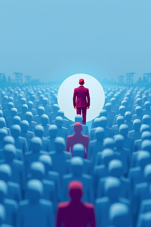 Create a digital illustration of a crowd of blue human figures scattered in a minimalist landscape, with one red figure prominently magnified in the center; use a soft focus effect, bright pastel colors, and a 50mm lens perspective to enhance depth and detail in a vector art style.