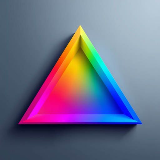 Create a colorful 3D triangle illusion with a smooth gradient texture, using a Canon EOS R5 camera, 50mm lens, f/1.8 aperture, ISO 100, 1/125s shutter speed, soft diffused lighting for a modern artistic look against a minimalistic gray background.