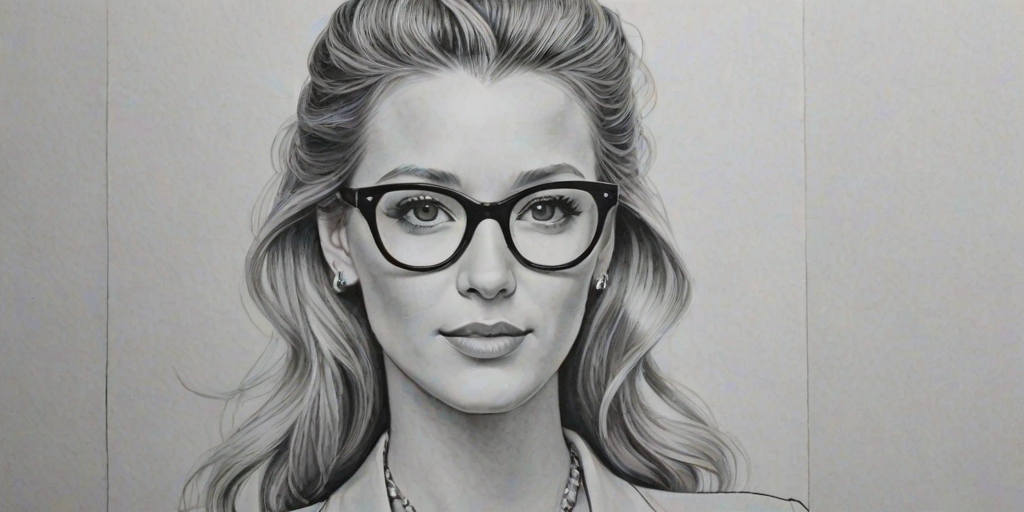Resplendent Blake Lively, pencil sketch, portrait of Elegant woman 1956s in glasses, hair style beatnik, outline, clear lines, fine lines, 8k