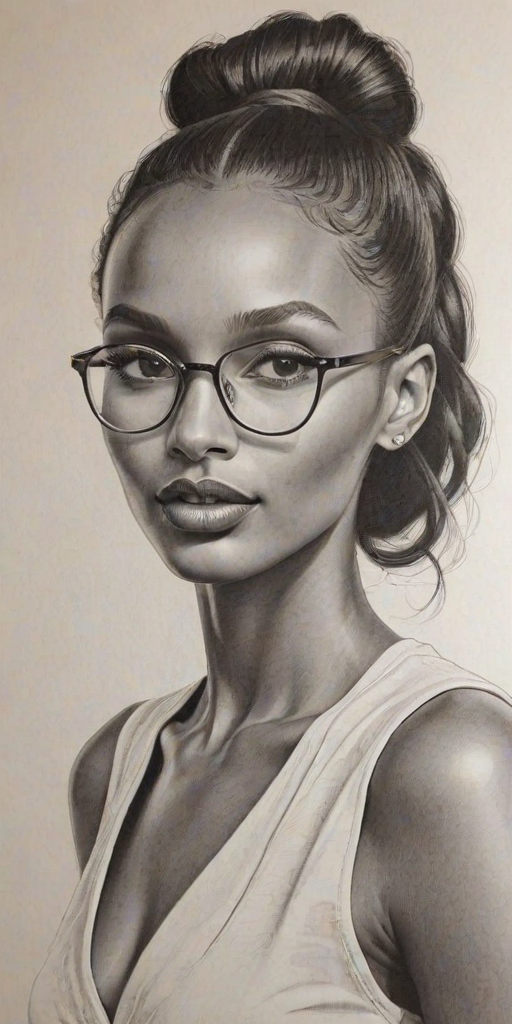 Stunning Jasmine Tookes, pencil sketch, portrait of Wonderful woman 1947s in glasses, hair style beatnik, outline, clear lines, fine lines, 8k