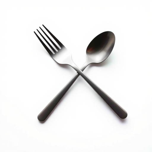 Create a high-resolution image of a minimalist logo featuring a knife, fork, and spoon arranged artistically, taken with a DSLR camera at f/2.8 aperture, ISO 100, 50mm lens, using a soft focus background to enhance the utensils' silhouette and maintain a clean white backdrop.