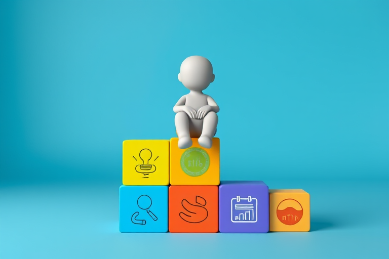 Create a 3D rendering of a stylized figure sitting on colorful building blocks with icons representing various skills, captured using a Canon EOS R5 with a 50mm f/1.2 lens, aperture set to f/2.8, ISO 100, in a soft studio lighting setup for a clean and vibrant look.