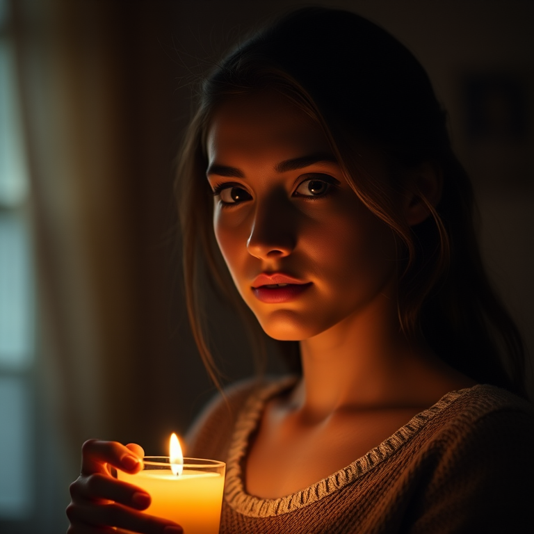 Create an image of a young woman in a dimly lit room holding a candle, soft light illuminating her face, with warm tones, using a DSLR camera with an aperture of f/1.8, ISO 200, and a 50mm lens for a shallow depth of field and enhanced details.