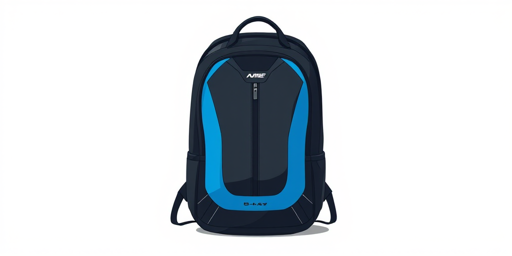 Create a high-resolution digital illustration of a sleek, modern backpack with a vibrant blue and black design, captured with a DSLR camera at f/2.8 aperture, 50mm lens, and a slight tilt-up angle to emphasize depth and detail.