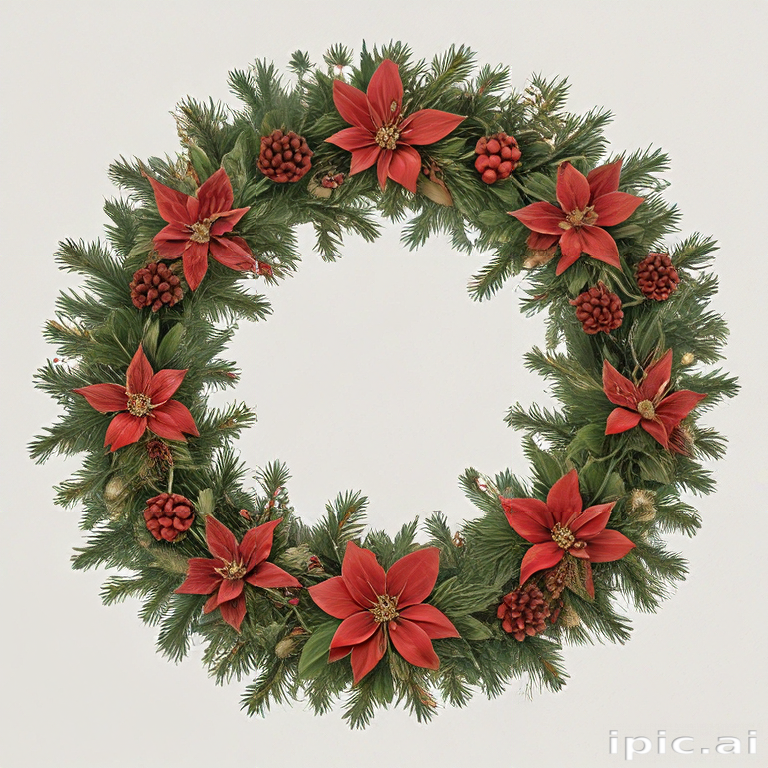 Beautifully Crafted Christmas Wreath Adorned with Red Flowers and Pinecones