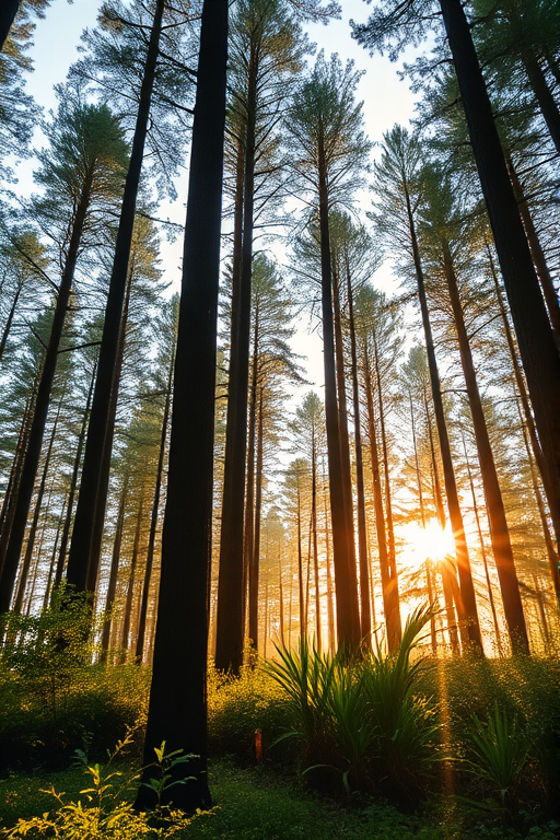 Generate a high-resolution image of a tranquil forest scene at dawn, with soft sunlight filtering through tall trees, using a DSLR camera with a 50mm lens, aperture set to f/1.8, ISO 100, and a low-angle view to capture the details of the forest floor and the vibrant foliage.