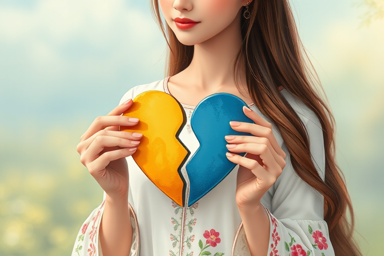 Create an illustration of a woman with long brown hair wearing a traditional white dress with floral embroidery, holding a broken heart divided into blue and yellow halves, the scene should be captured in a digital painting style with high resolution, 35mm lens, f/2.8 aperture, soft natural lighting, and a slightly blurred background to enhance focus on the subject.