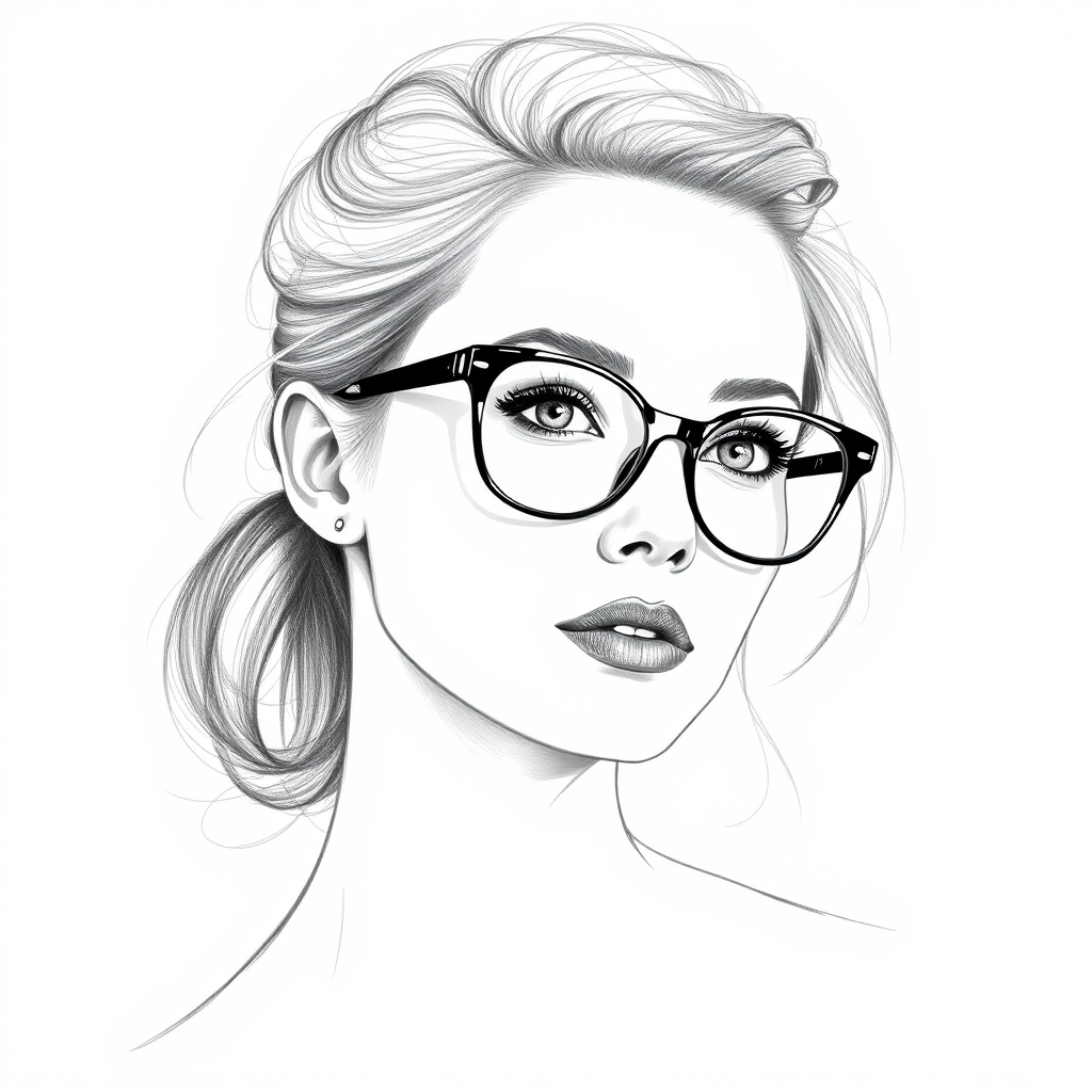 Beautiful Rosamund Pike, pencil sketch, portrait of beautiful woman 60s in glasses, hair style beatnik, outline, clear lines, fine lines, 8k