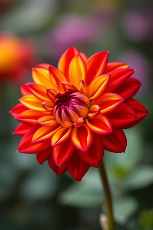 close-up shot of a vibrant red and yellow dahlia flower with soft bokeh background, aperture f/2.8, shutter speed 1/200 sec, ISO 100, using a macro lens on a DSLR camera, natural lighting for enhanced color and detail