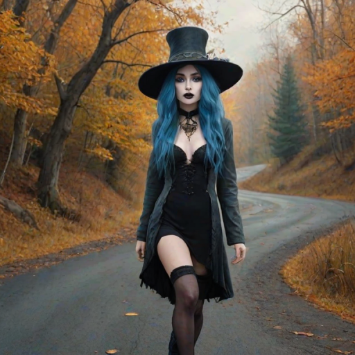 digital art fantasy depicting a strange girl with blue hair, long eyelashes, black lipstick and a tall hat walking along a winding road on an autumn afternoon, an Ape smiles as she passes