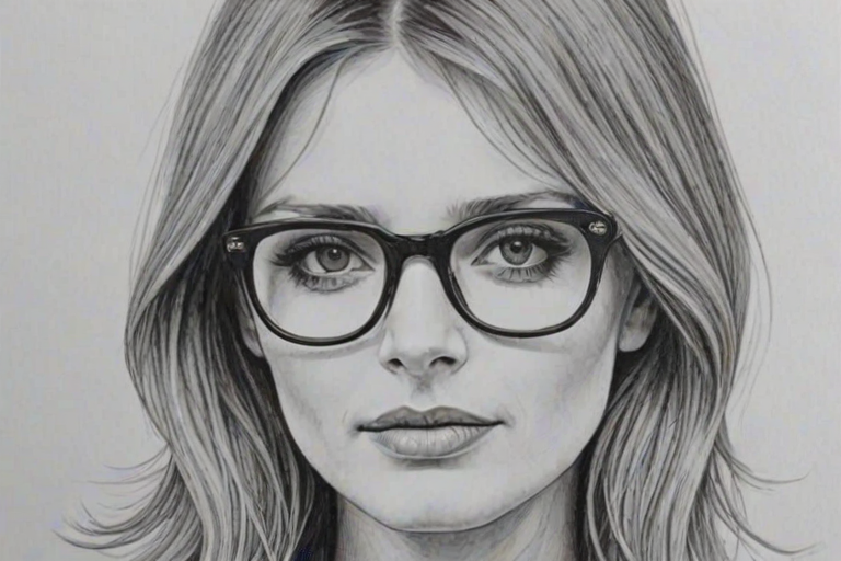 Lovely Mischa Barton, pencil sketch, portrait of Bewitching woman 1965s in glasses, hair style beatnik, outline, clear lines, fine lines, 8k