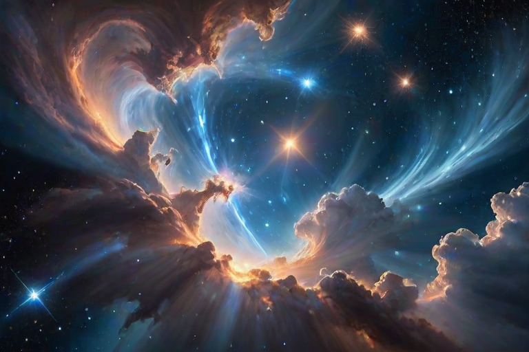 create a vivid depiction of a cosmic scene featuring bright, radiant stars and swirling blue and white clouds with beams of light emerging from the center against a deep space backdrop