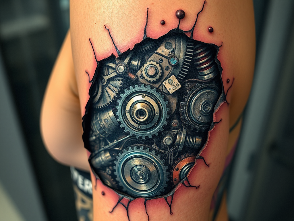 Biomechanical tattoo revealing cybernetic components beneath torn skin, metallic gears and circuits intertwined with organic matter, holographic accents in electric blue and chrome