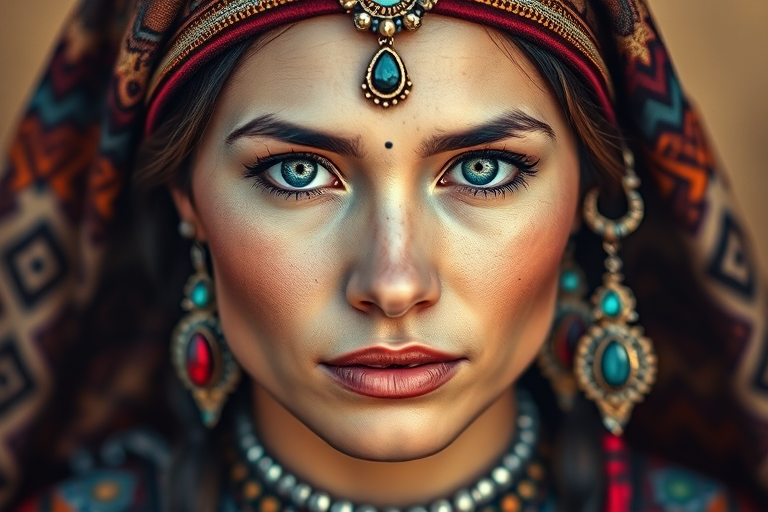 Create a portrait of a beautiful First Nations woman with striking blue eyes and a gentle expression. She is adorned in traditional attire with intricate patterns, including a richly embroidered headscarf and matching garments. Her jewelry includes a delicate headpiece, dangling earrings, and ornate bracelets, all featuring vibrant gemstones and detailed metalwork. The background is soft and warm, enhancing the rich colors of her outfit and jewelry.