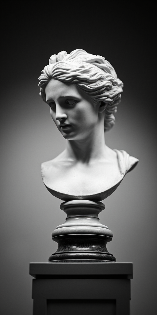 high contrast black and white photograph of a classical bust sculpture on a pedestal with soft bokeh background, aperture f/1.8, ISO 100, shutter speed 1/250s, taken with a 50mm lens using a mirrorless camera