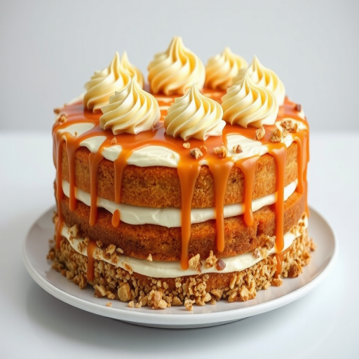 A delicious layered cake with a smooth cream frosting and decorative swirls on top, featuring a caramel drizzle, surrounded by a crunchy nut coating, set on a simple plate against a light background.
