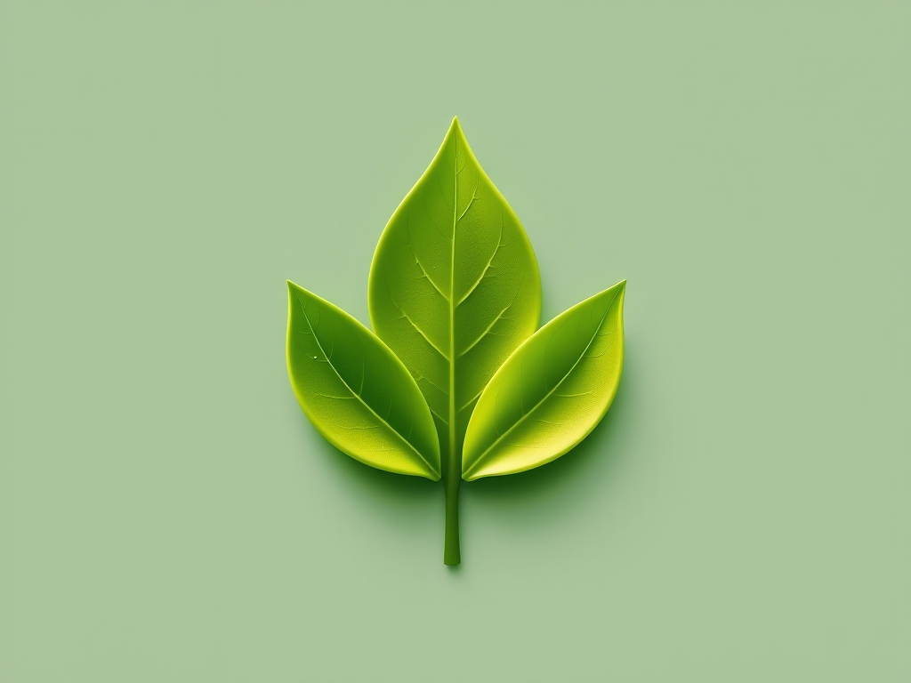 Create a vector-style image of a stylized green leaf logo, focus on smooth curves and gradients, using a Canon EOS R5, focal length 50mm, aperture f/1.8, ISO 100, natural light, top-down view, minimalist design.