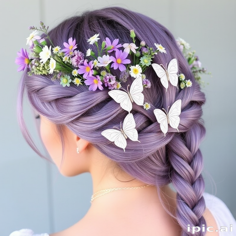 Whimsical lavender-hued crown braid adorned with fresh wildflowers and delicate butterfly clips, known as "Enchanted Meadow" evoking a fairytale-like charm