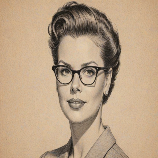 Elegant Leslie Jones, pencil sketch, portrait of Radiant woman 1950s in glasses, hair style beatnik, outline, clear lines, fine lines, 8k