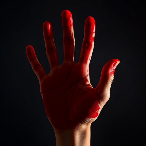 Create a high-resolution digital illustration of a red-painted handprint on a dark background, using a DSLR camera with a 50mm lens at f/1.8, ISO 100, and a shallow depth of field to emphasize the textures and details of the handprint, incorporating dramatic lighting for an immersive effect.