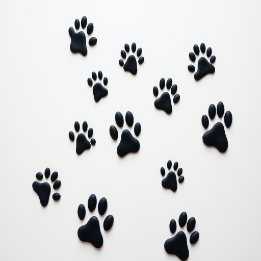 A series of black paw prints leading across a white background, captured with a DSLR camera at f/4, ISO 100, 1/250s, top-down view, high-resolution, with soft lighting for clarity and detail.